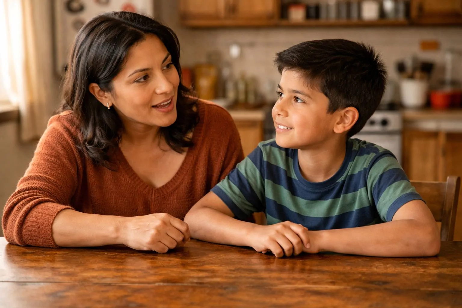 Mãe e filho conversando sobre dinheiro